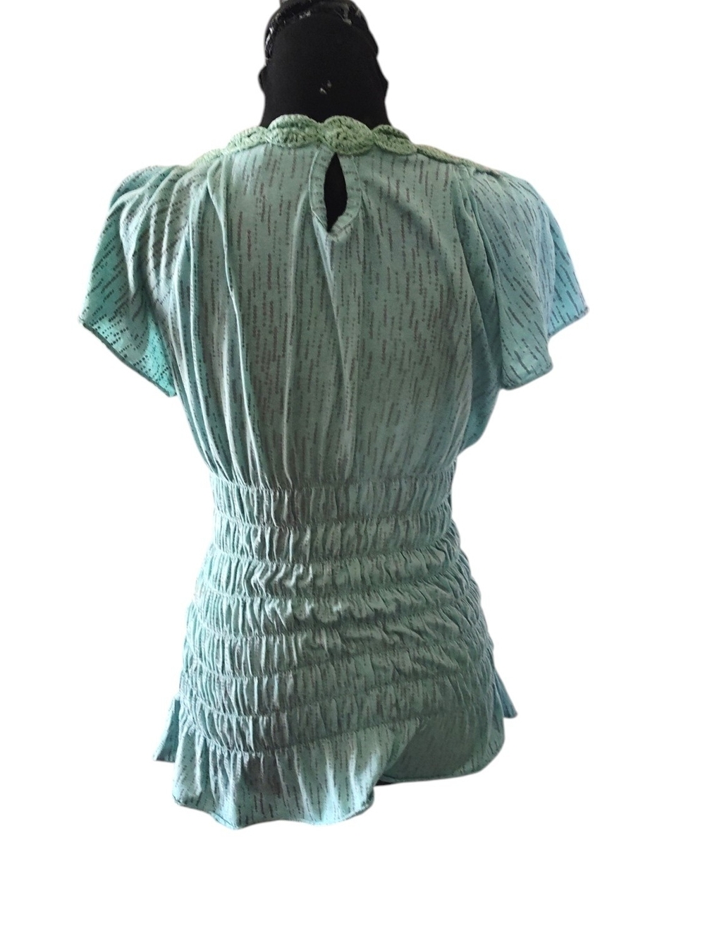 Vintage Y2K DKNY Pale Turquoise Smocked Scoop-Neck Women's Top with Crochet Trim - Picture 3 of 5